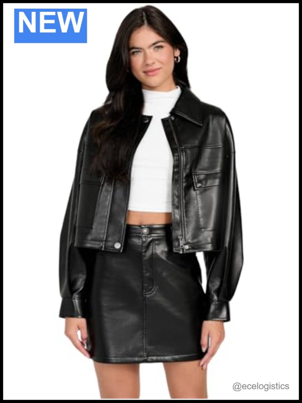 Women's Cropped PU Leather Moto Jacket with Faux Leather